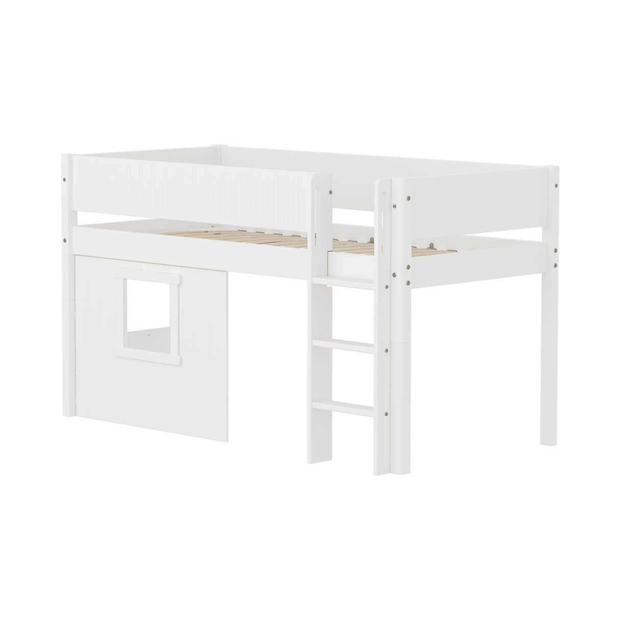 FLEXA  White Mid Sleeper Bed with straight ladder & Treehouse Bed Fronts, MDF/Solid Pine, 90x200 cm