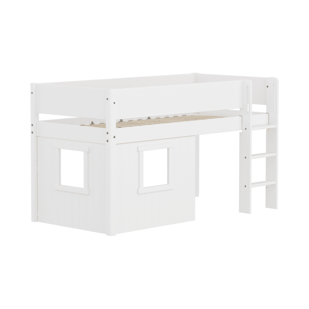 FLEXA  White Mid Sleeper Bed with straight ladder & Treehouse Bed Fronts, MDF/Solid Pine, 90x200 cm
