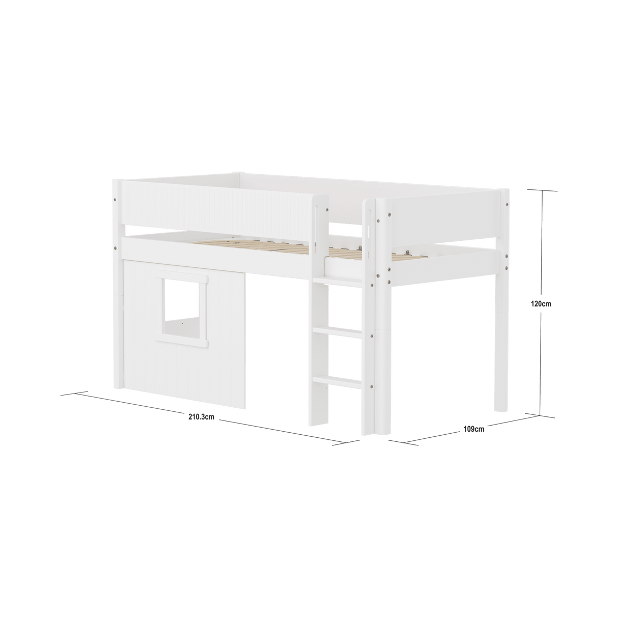 FLEXA  White Mid Sleeper Bed with straight ladder & Treehouse Bed Fronts, MDF/Solid Pine, 90x200 cm