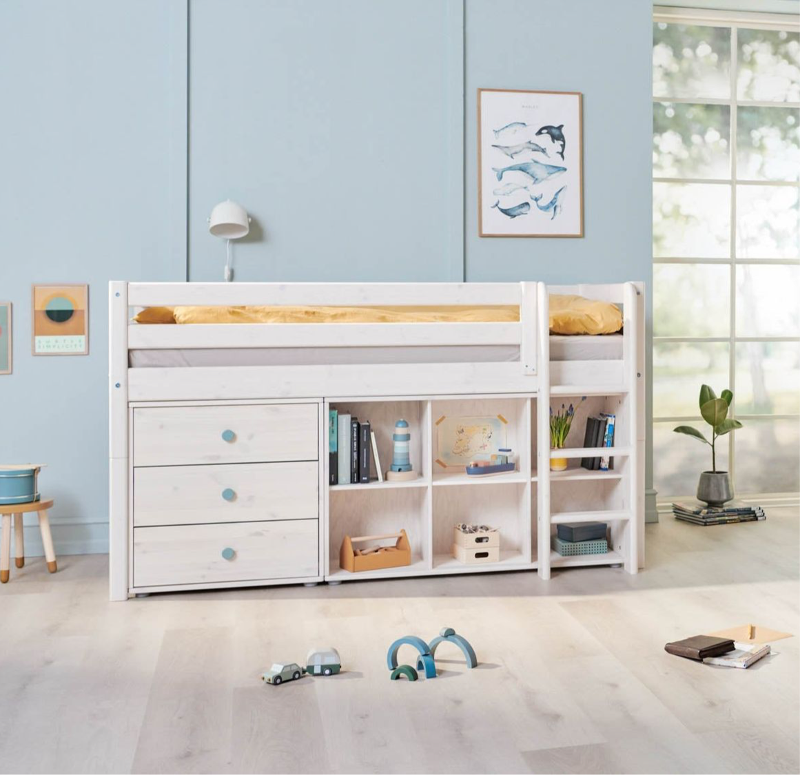 FLEXA Classic Mid Sleeper Bed with straight ladder, Solid Pine/Birch Plywood, 90x200 cm