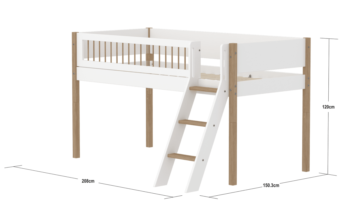 FLEXA Nor Mid Sleeper Bed with slanting ladder, MDF/Solid oak, 90x200 cm