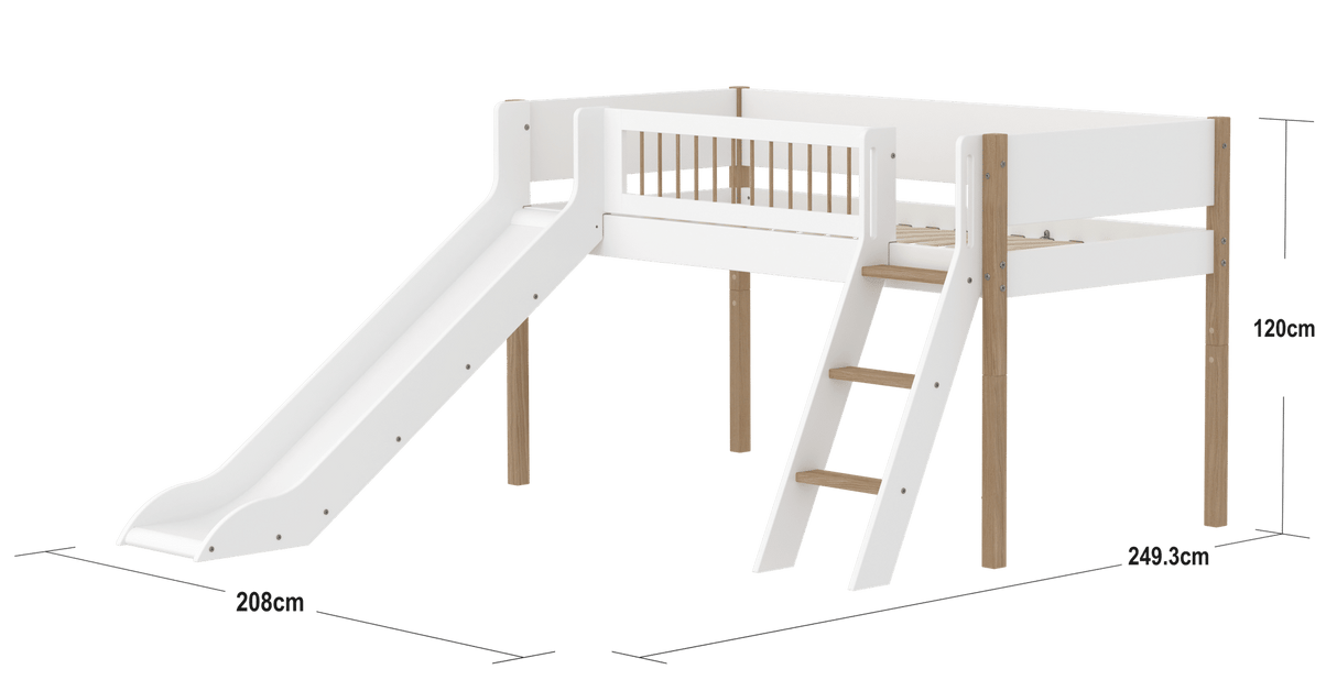FLEXA Nor Mid Sleeper Bed with slide, MDF/Solid oak, 90x200 cm
