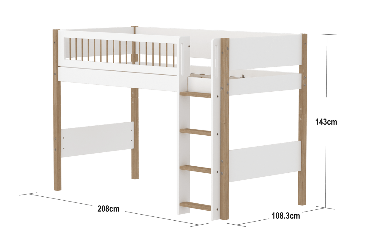 FLEXA Nor Mid Sleeper Bed with straight ladder, MDF/Solid oak, 90x200 cm