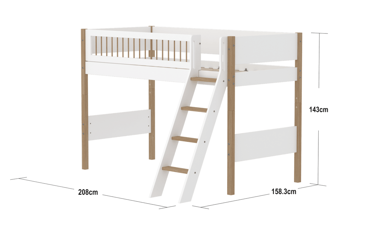 FLEXA Nor Mid Sleeper Bed with slanting ladder, MDF/Solid oak, 90x200 cm