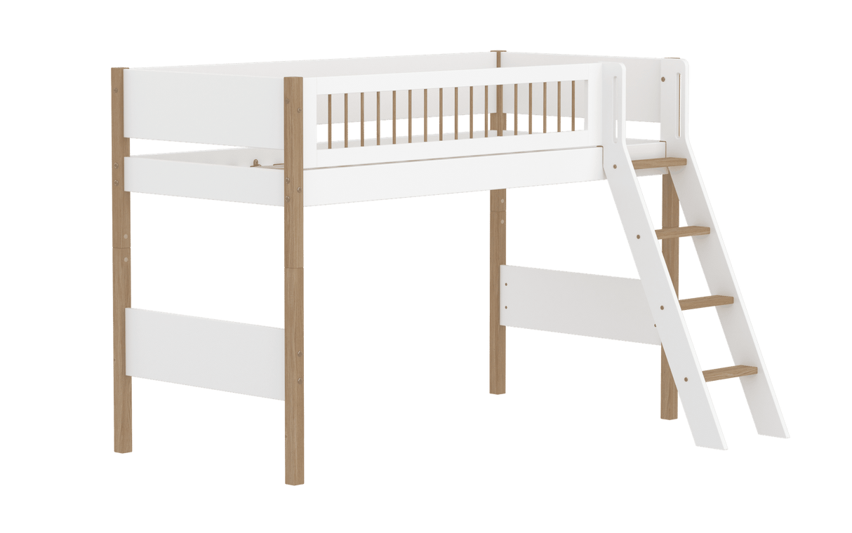 FLEXA Nor Mid Sleeper Bed with slanting ladder, MDF/Solid oak, 90x200 cm