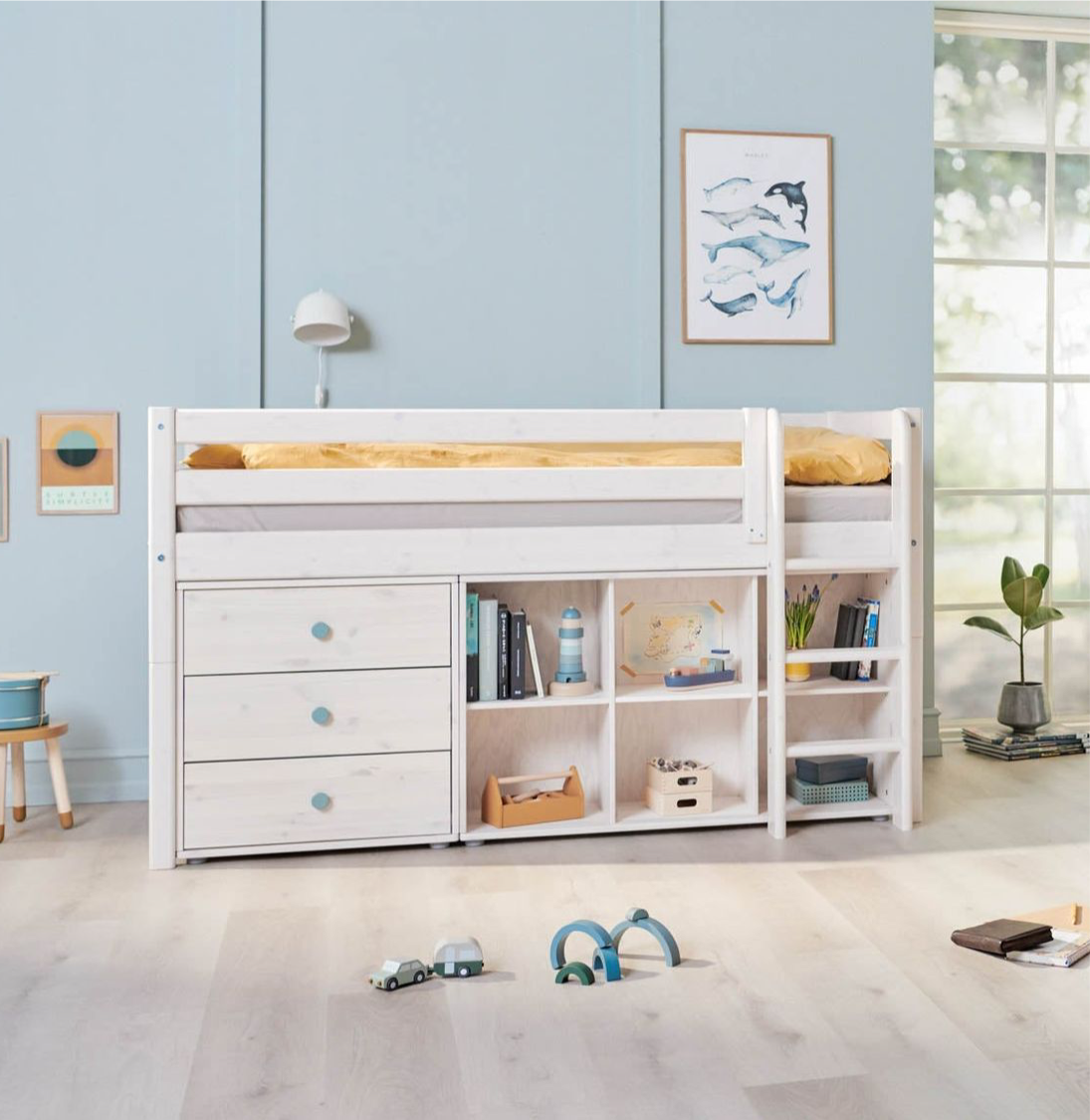 FLEXA Classic Mid Sleeper Bed with straight ladder, Solid Pine/Birch Plywood, 90x200 cm