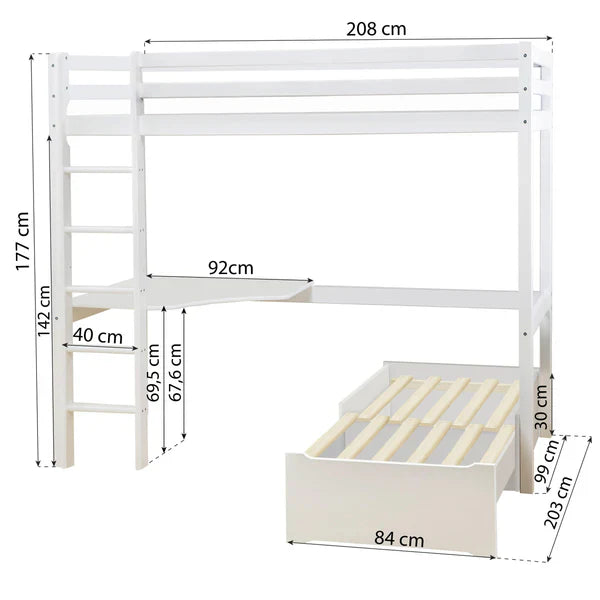 Hoppekids ECO Dream Loft bed with lounge module and tabletop, White, Pine, 90x200 cm