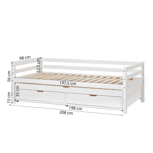 Hoppekids ECO Dream Day Bed with Trundle Bed and Drawers, White, Pine/MDF, 90x200 cm
