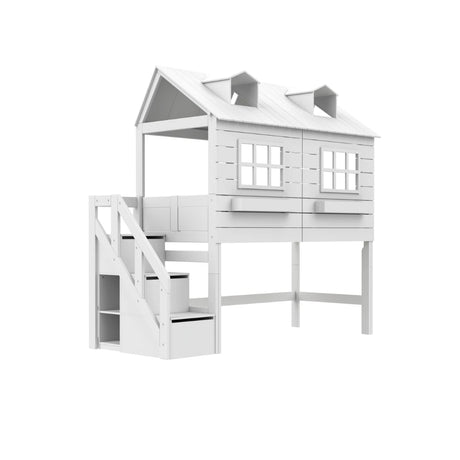 LIFETIME Kidsrooms Lake House Mid Sleeper Bed with Steps in White