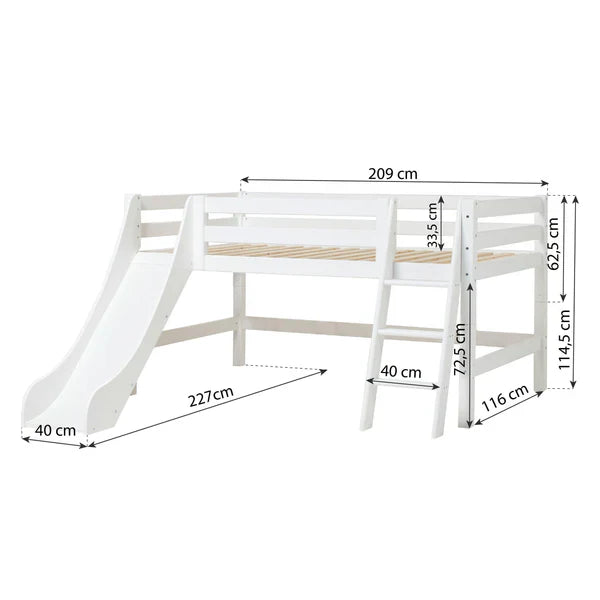 Hoppekids ECO Luxury Mid Sleeeper Bed with Slide, White, Pine, 70x160 cm