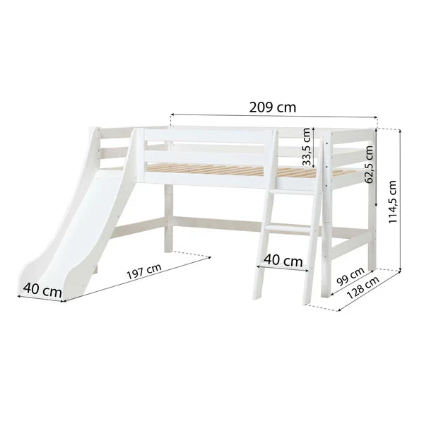Hoppekids ECO Luxury Mid Sleeeper Bed with Slide, White, Pine, 70x160 cm