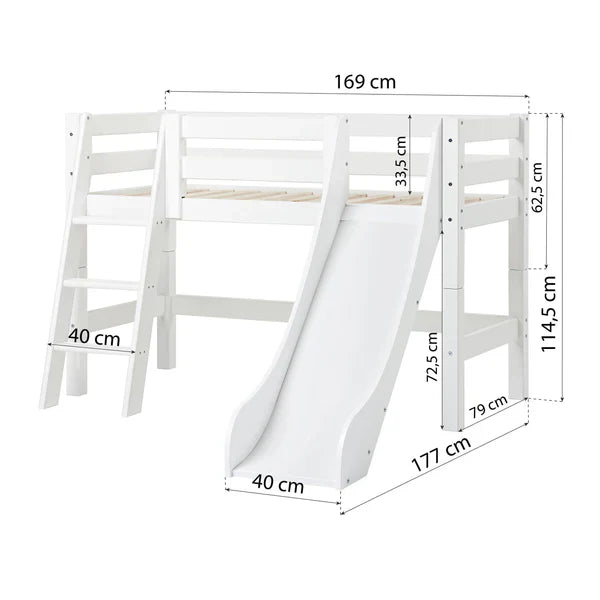 Hoppekids ECO Luxury Mid Sleeeper Bed with Slide, White, Pine, 70x160 cm