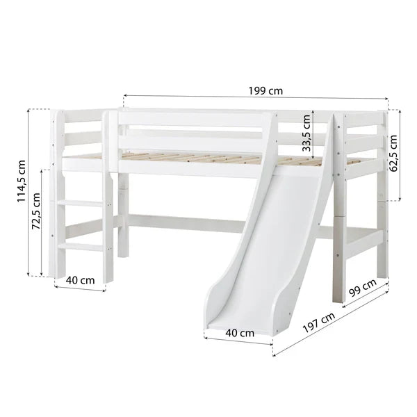 Hoppekids ECO Luxury Mid Sleeeper Bed with Slide, White, Pine, 70x160 cm