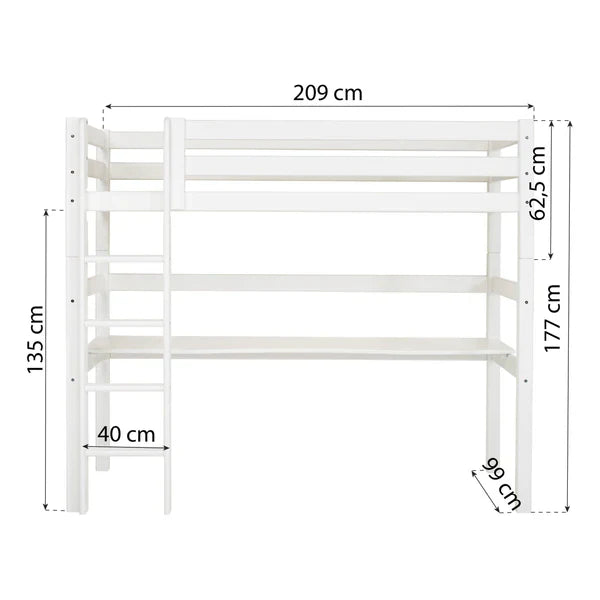 Hoppekids ECO Luxury Loft Bed with Desk, White, Pine, 90x200 cm
