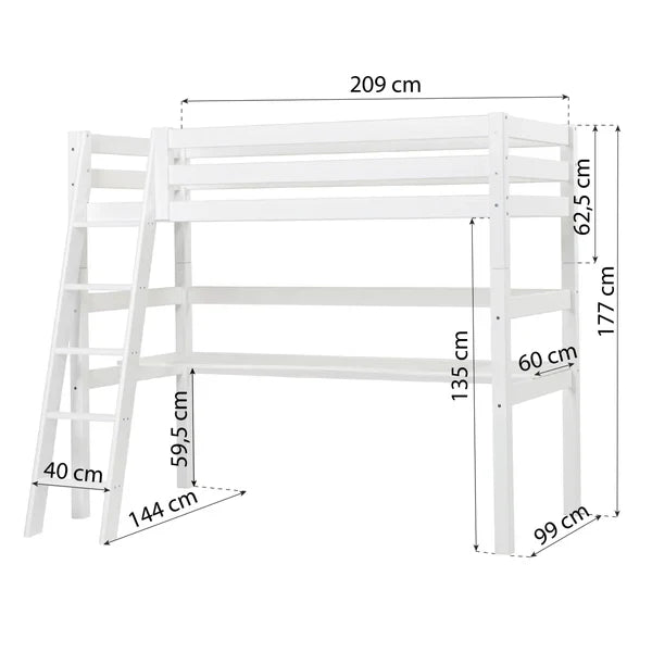 Hoppekids ECO Luxury Loft Bed with Desk, White, Pine, 90x200 cm
