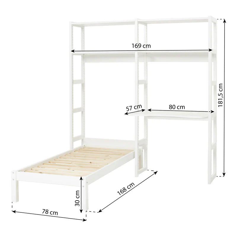 Hoppekids STOREY shelf with 2 sections, 4 shelves and writing desk in 80 cm, White, Pine, 70x160 cm