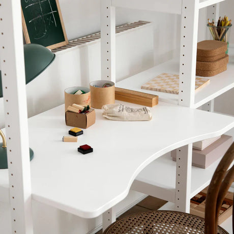 Hoppekids STOREY shelf with 3 sections, 12 shelves, and a writing desk in 80 cm, White, Pine