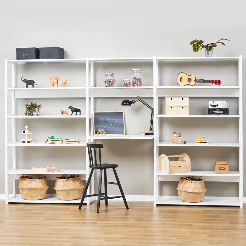 Hoppekids STOREY shelf with 3 sections, 14 shelves, and a writing desk in 80 cm, White, Pine