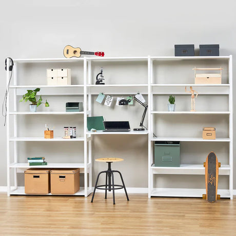 Hoppekids STOREY shelf with 3 sections, 14 shelves, and a writing desk in 80 cm, White, Pine