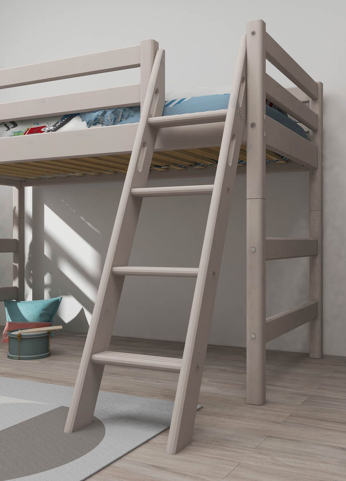 FLEXA Mid Sleeper Bed w. slanting ladder, Solid Pine/Birch Plywood, 90x200 cm