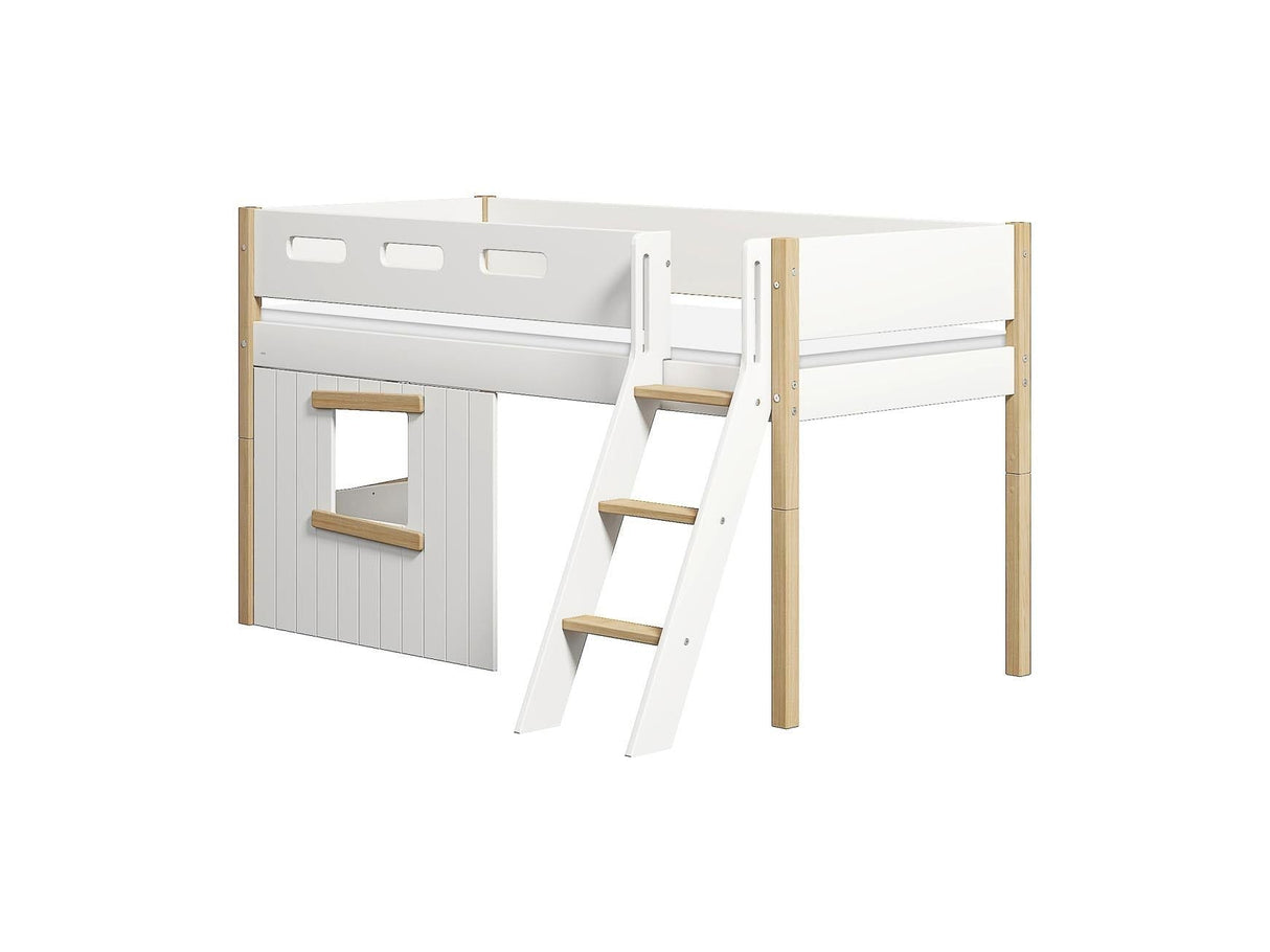FLEXA Nor Mid Sleeper Bed, slanted ladder & Treehouse Bed Fronts, oak frame, MDF/Solid oak, 90x200 cm