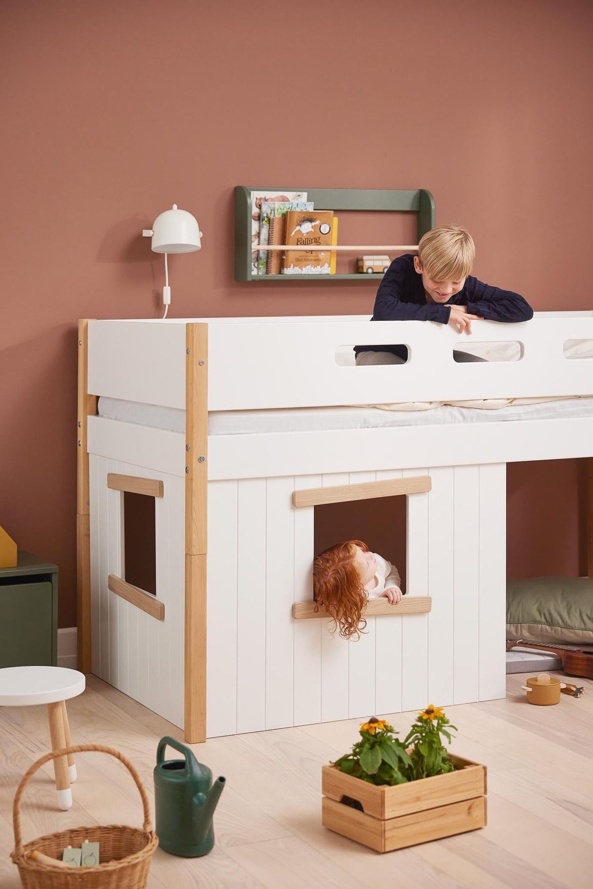 FLEXA Nor Mid Sleeper Bed, slanted ladder & Treehouse Bed Fronts, oak frame, MDF/Solid oak, 90x200 cm