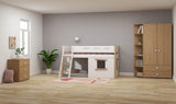 FLEXA Nor Mid Sleeper Bed, slanted ladder & Treehouse Bed Fronts, oak frame, MDF/Solid oak, 90x200 cm