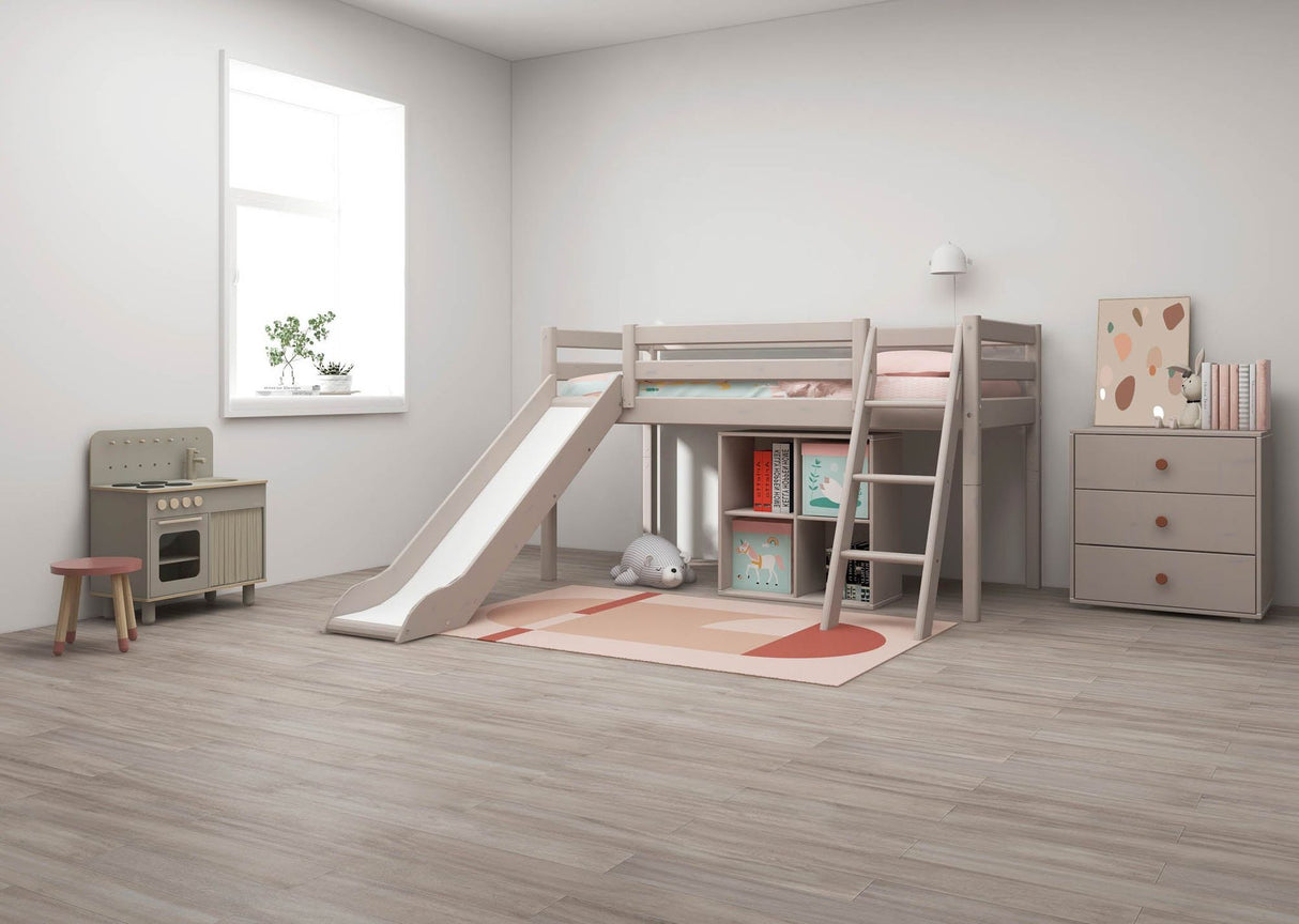 FLEXA Classic Mid Sleeper Bed with slanting ladder and slide, Solid Pine/Birch Plywood, 90x200 cm