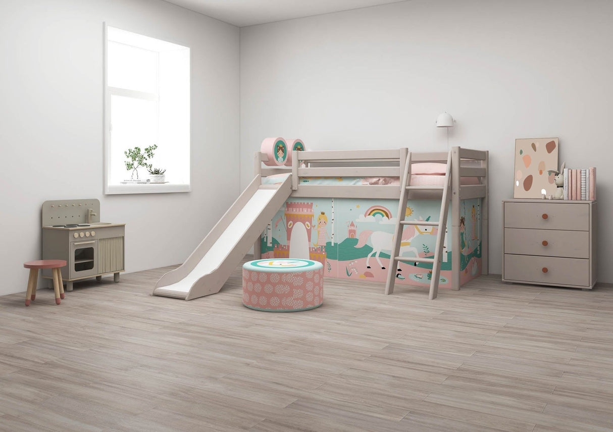 FLEXA Classic Mid Sleeper Bed with slanting ladder and slide, Solid Pine/Birch Plywood, 90x200 cm