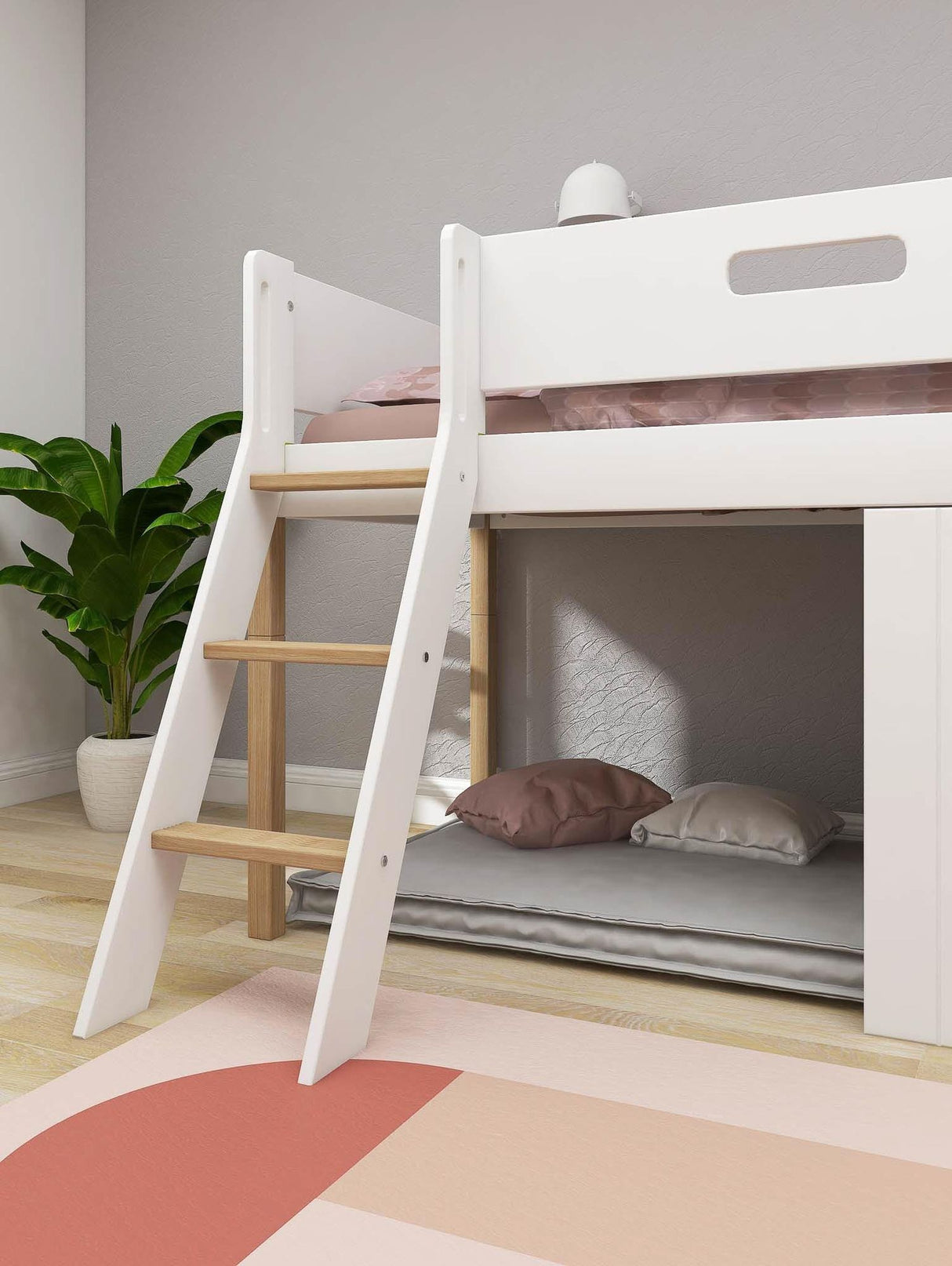 FLEXA Nor Mid Sleeper Bed, slanted ladder & Treehouse Bed Fronts, oak frame, MDF/Solid oak, 90x200 cm
