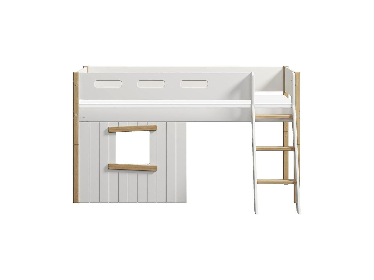 FLEXA Nor Mid Sleeper Bed, slanted ladder & Treehouse Bed Fronts, oak frame, MDF/Solid oak, 90x200 cm