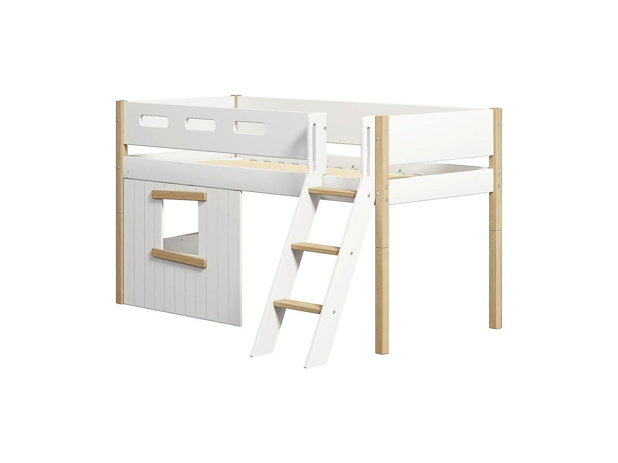 FLEXA Nor Mid Sleeper Bed, slanted ladder & Treehouse Bed Fronts, oak frame, MDF/Solid oak, 90x200 cm