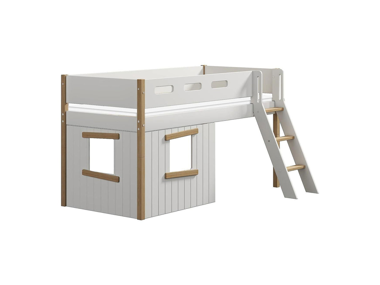 FLEXA Nor Mid Sleeper Bed, slanted ladder & Treehouse Bed Fronts, oak frame, MDF/Solid oak, 90x200 cm