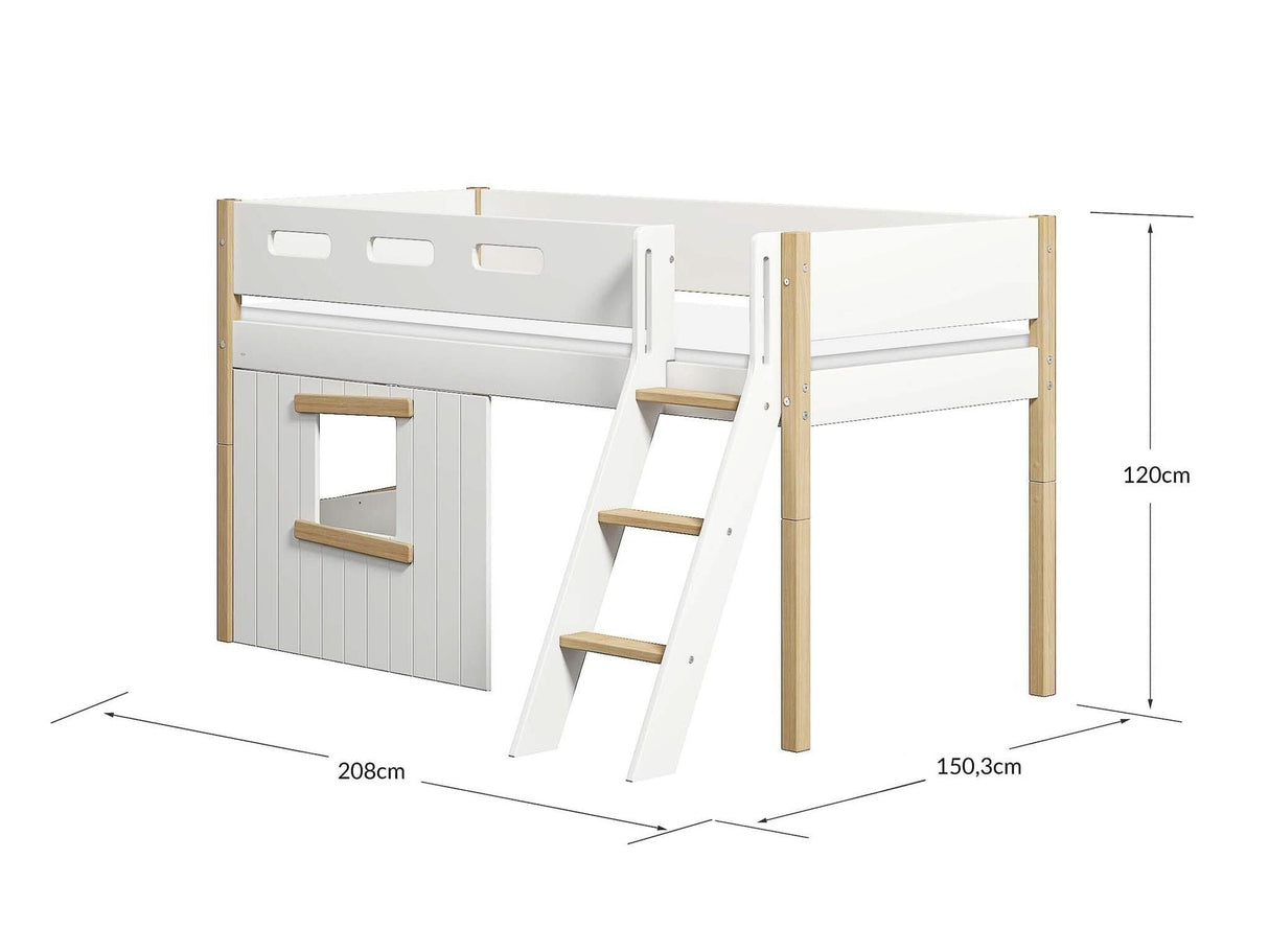 FLEXA Nor Mid Sleeper Bed, slanted ladder & Treehouse Bed Fronts, oak frame, MDF/Solid oak, 90x200 cm