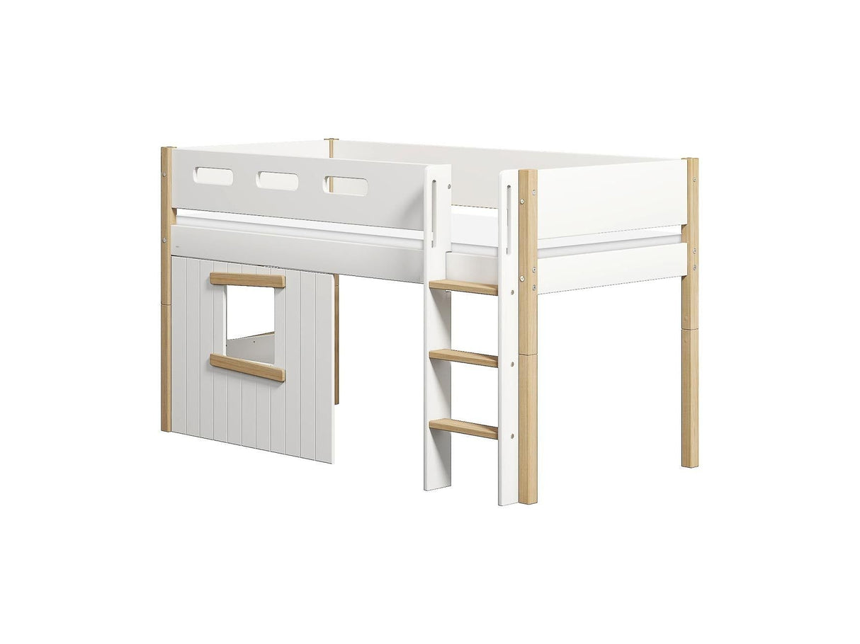 FLEXA Nor Mid Sleeper Bed, straight ladder & Treehouse Bed Fronts, oak frame, MDF/Solid oak, 90x200 cm