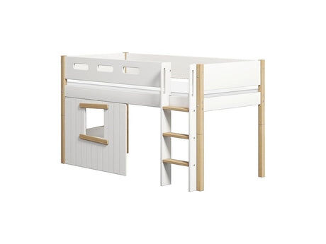 FLEXA Nor Mid Sleeper Bed, straight ladder & Treehouse Bed Fronts, oak frame, MDF/Solid oak, 90x200 cm