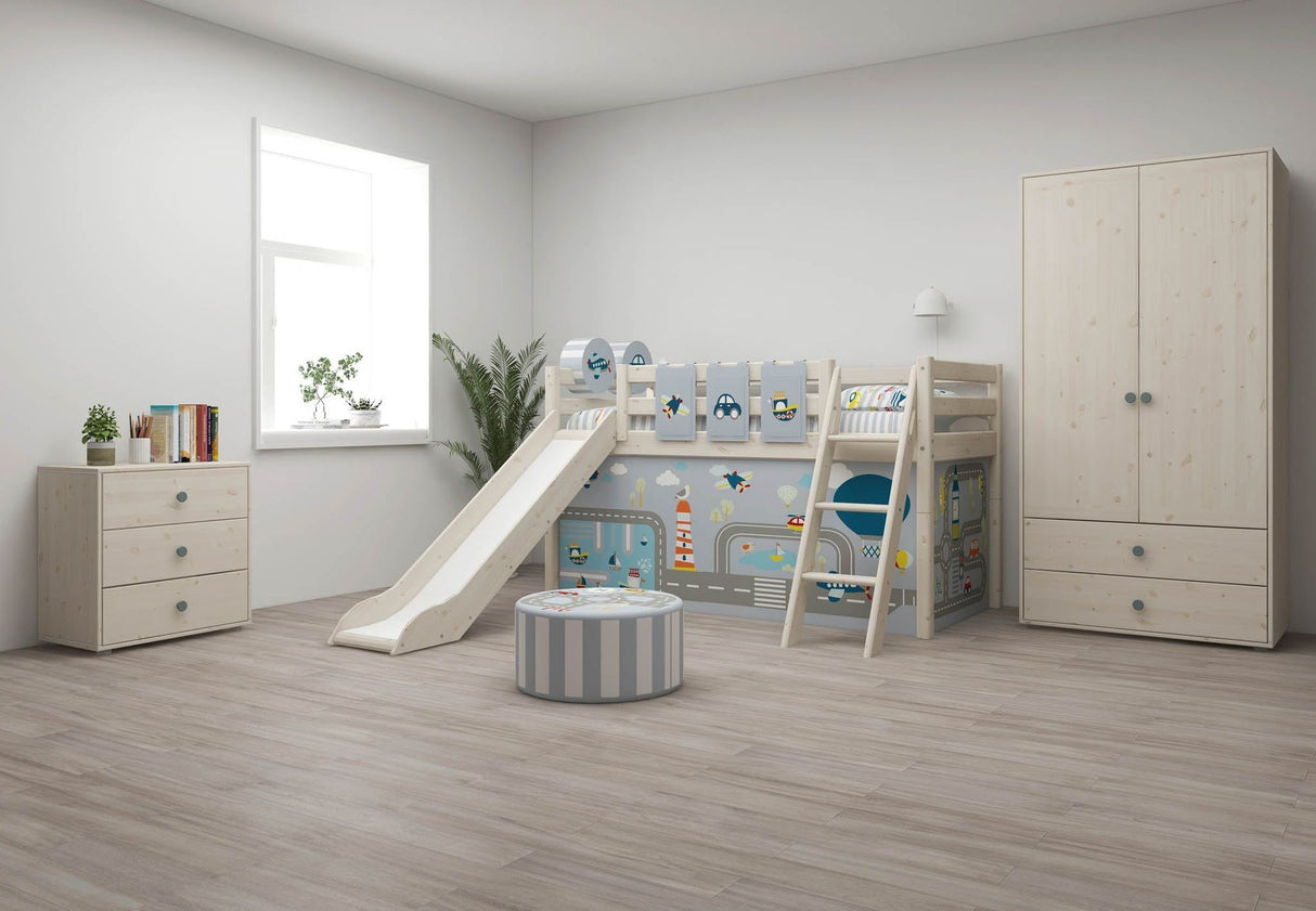 FLEXA Classic Mid Sleeper Bed with slanting ladder and slide, Solid Pine/Birch Plywood, 90x200 cm
