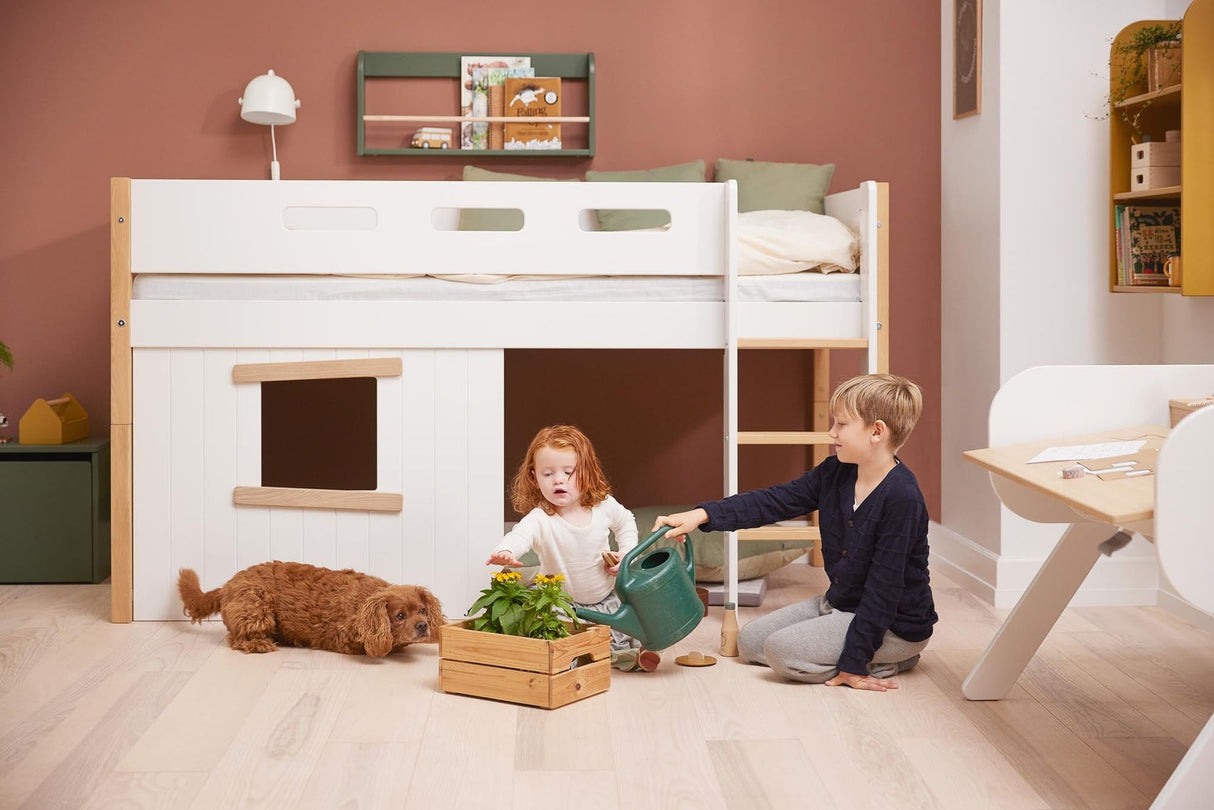 FLEXA Nor Mid Sleeper Bed, straight ladder & Treehouse Bed Fronts, oak frame, MDF/Solid oak, 90x200 cm