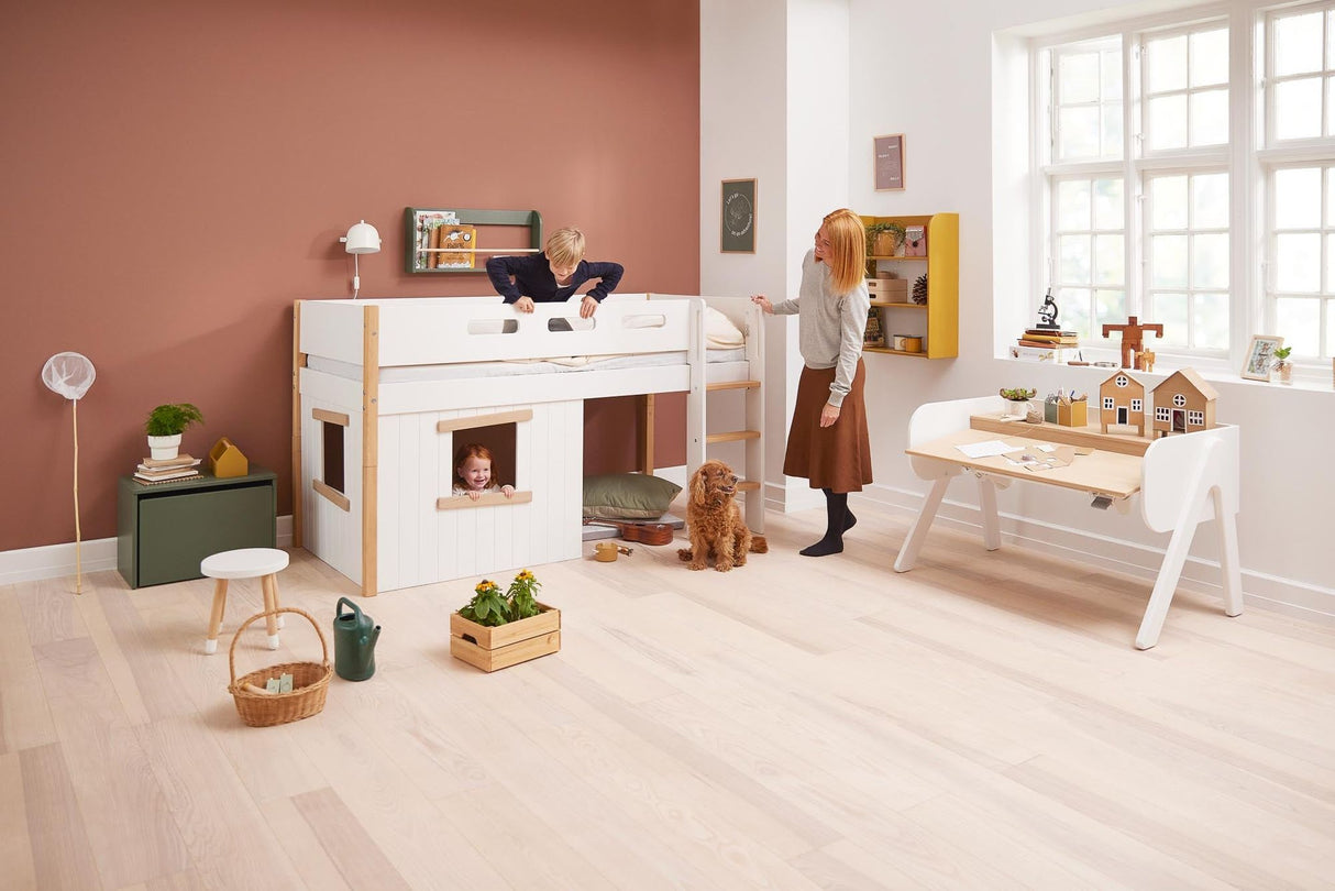 FLEXA Nor Mid Sleeper Bed, straight ladder & Treehouse Bed Fronts, oak frame, MDF/Solid oak, 90x200 cm