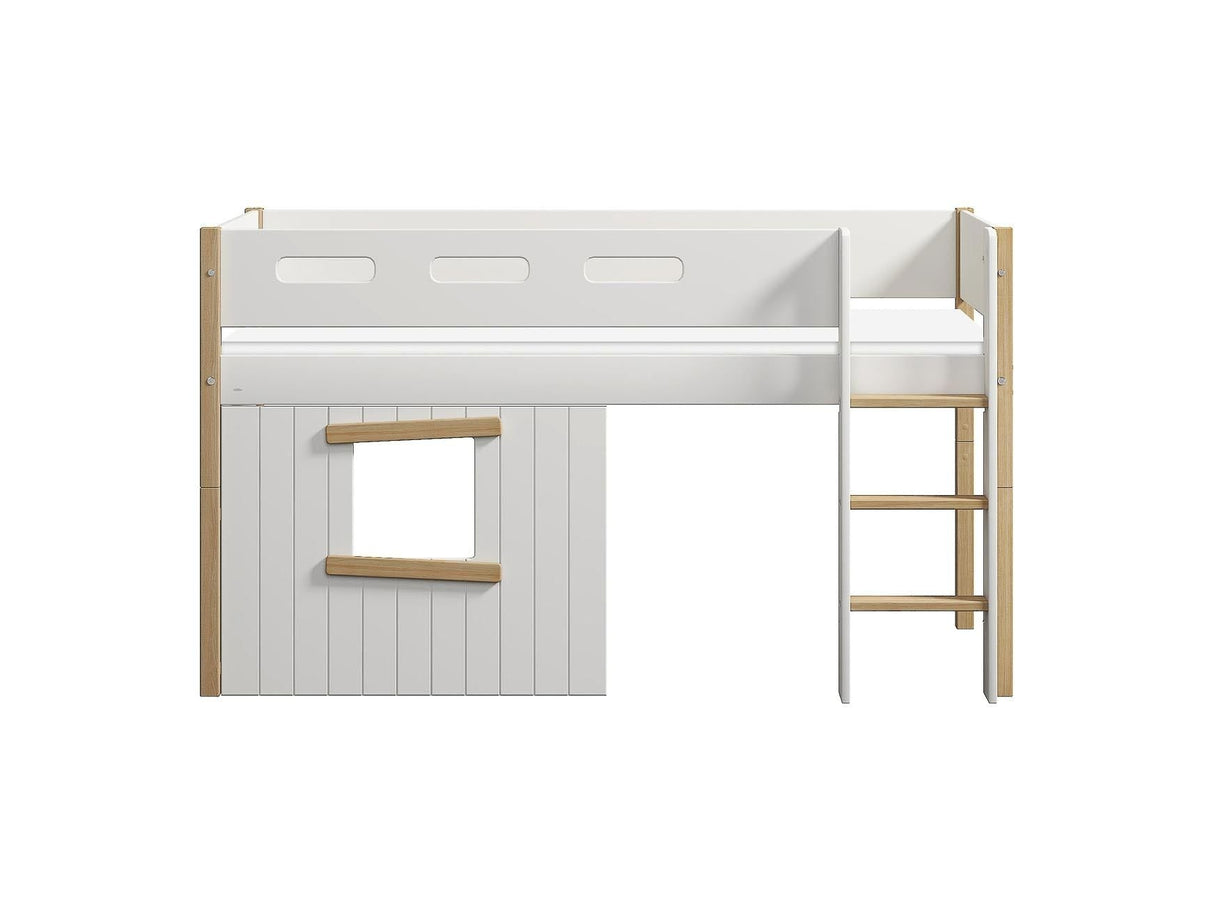 FLEXA Nor Mid Sleeper Bed, straight ladder & Treehouse Bed Fronts, oak frame, MDF/Solid oak, 90x200 cm