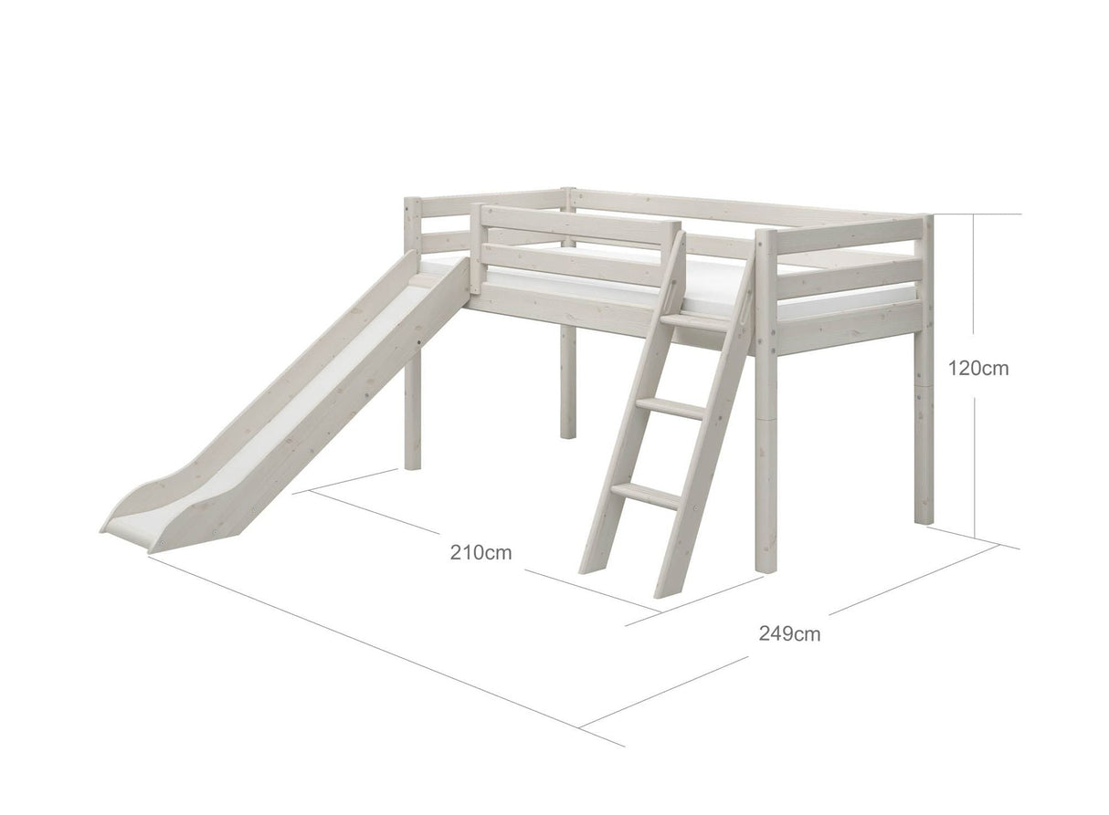 FLEXA Classic Mid Sleeper Bed with slanting ladder and slide, Solid Pine/Birch Plywood, 90x200 cm