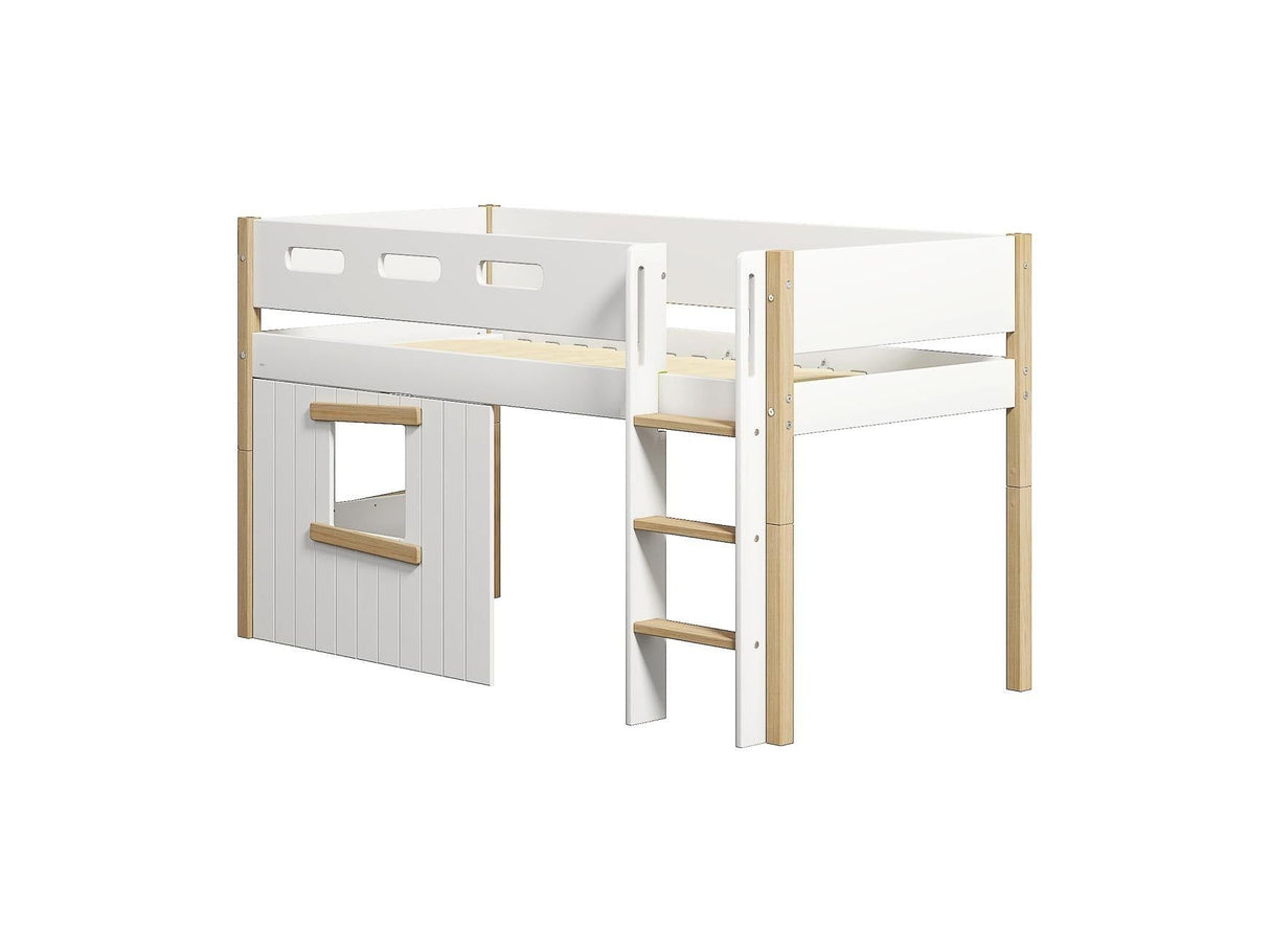 FLEXA Nor Mid Sleeper Bed, straight ladder & Treehouse Bed Fronts, oak frame, MDF/Solid oak, 90x200 cm