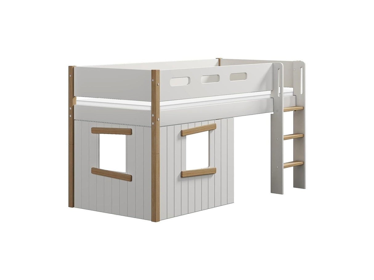FLEXA Nor Mid Sleeper Bed, straight ladder & Treehouse Bed Fronts, oak frame, MDF/Solid oak, 90x200 cm
