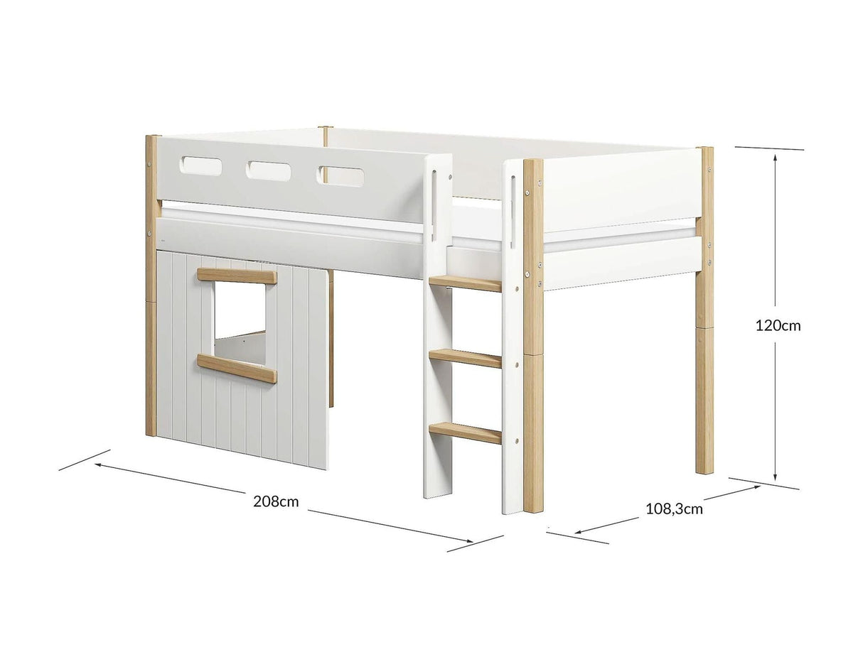 FLEXA Nor Mid Sleeper Bed, straight ladder & Treehouse Bed Fronts, oak frame, MDF/Solid oak, 90x200 cm