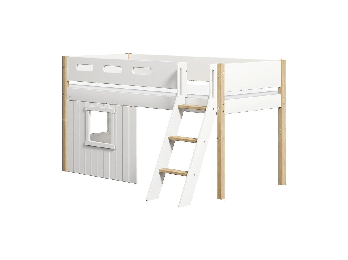 FLEXA Nor Mid Sleeper Bed, slanting ladder & Treehouse Bed Fronts, white frame, MDF/Solid oak, 90x200 cm