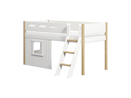 FLEXA Nor Mid Sleeper Bed, slanting ladder & Treehouse Bed Fronts, white frame, MDF/Solid oak, 90x200 cm