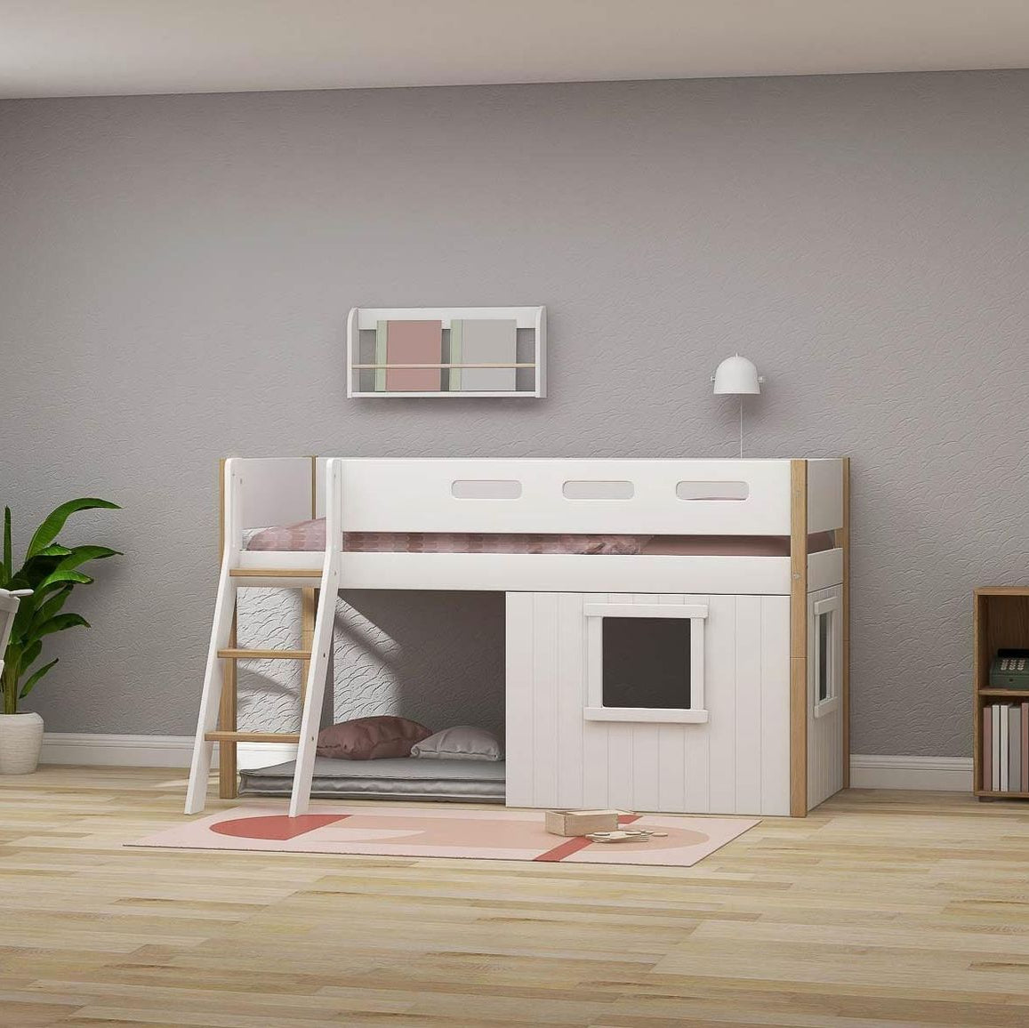 FLEXA Nor Mid Sleeper Bed, slanting ladder & Treehouse Bed Fronts, white frame, MDF/Solid oak, 90x200 cm