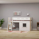 FLEXA Nor Mid Sleeper Bed, slanting ladder & Treehouse Bed Fronts, white frame, MDF/Solid oak, 90x200 cm