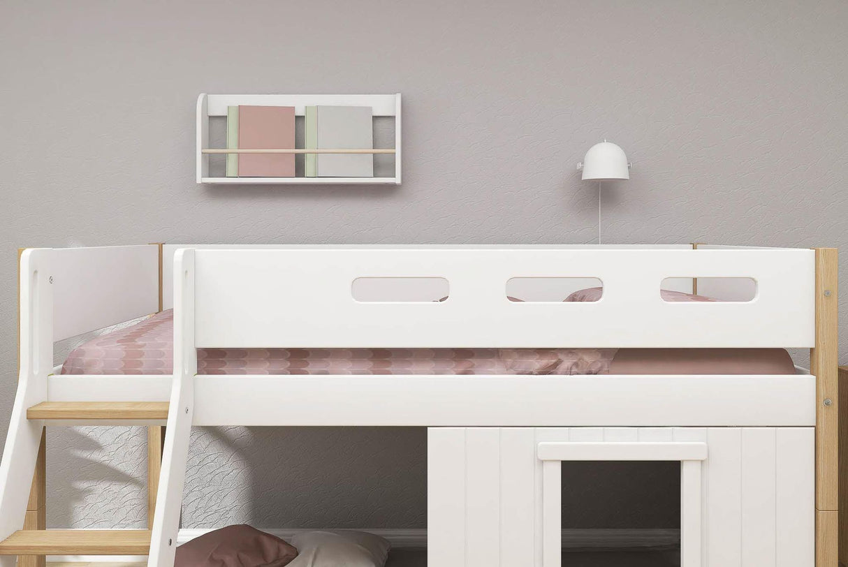 FLEXA Nor Mid Sleeper Bed, slanting ladder & Treehouse Bed Fronts, white frame, MDF/Solid oak, 90x200 cm