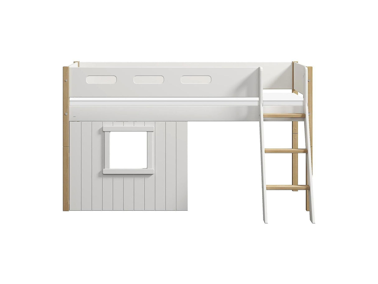 FLEXA Nor Mid Sleeper Bed, slanting ladder & Treehouse Bed Fronts, white frame, MDF/Solid oak, 90x200 cm